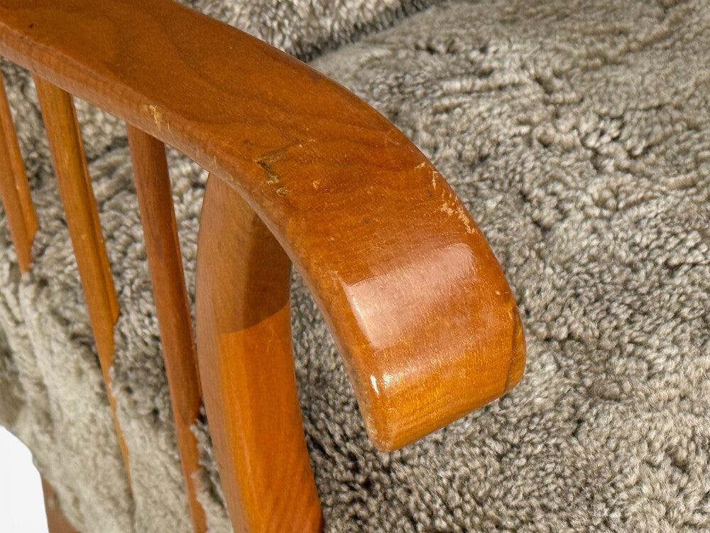 Swedish Modern, Lounge Chairs, Elm, Gray Shearling, Sweden, 1940s