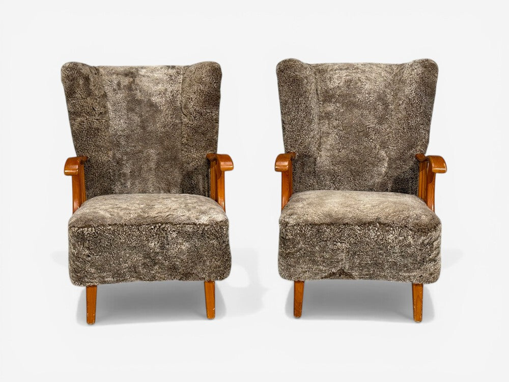 Swedish Modern, Lounge Chairs, Elm, Gray Shearling, Sweden, 1940s