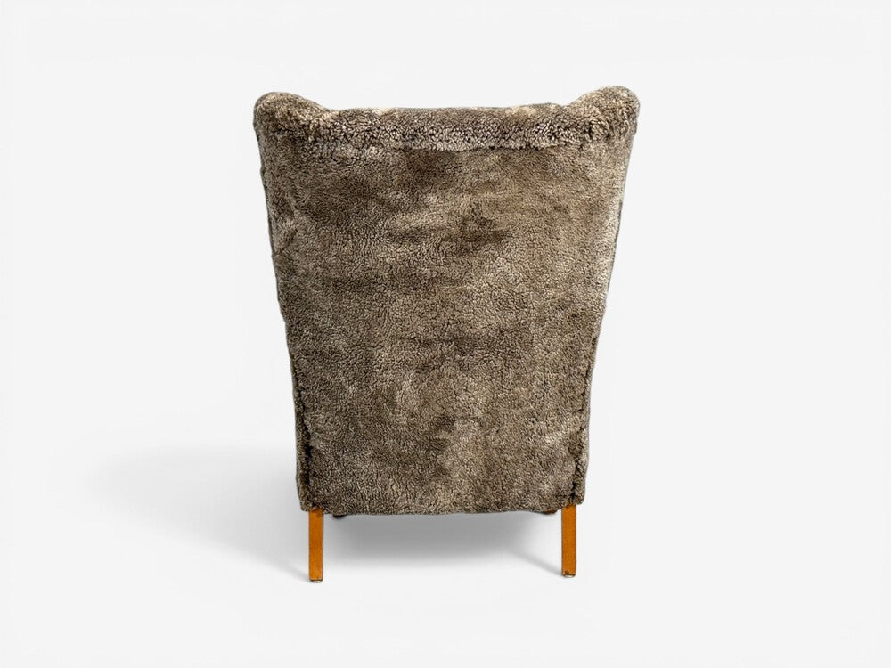 Swedish Modern, Lounge Chairs, Elm, Gray Shearling, Sweden, 1940s