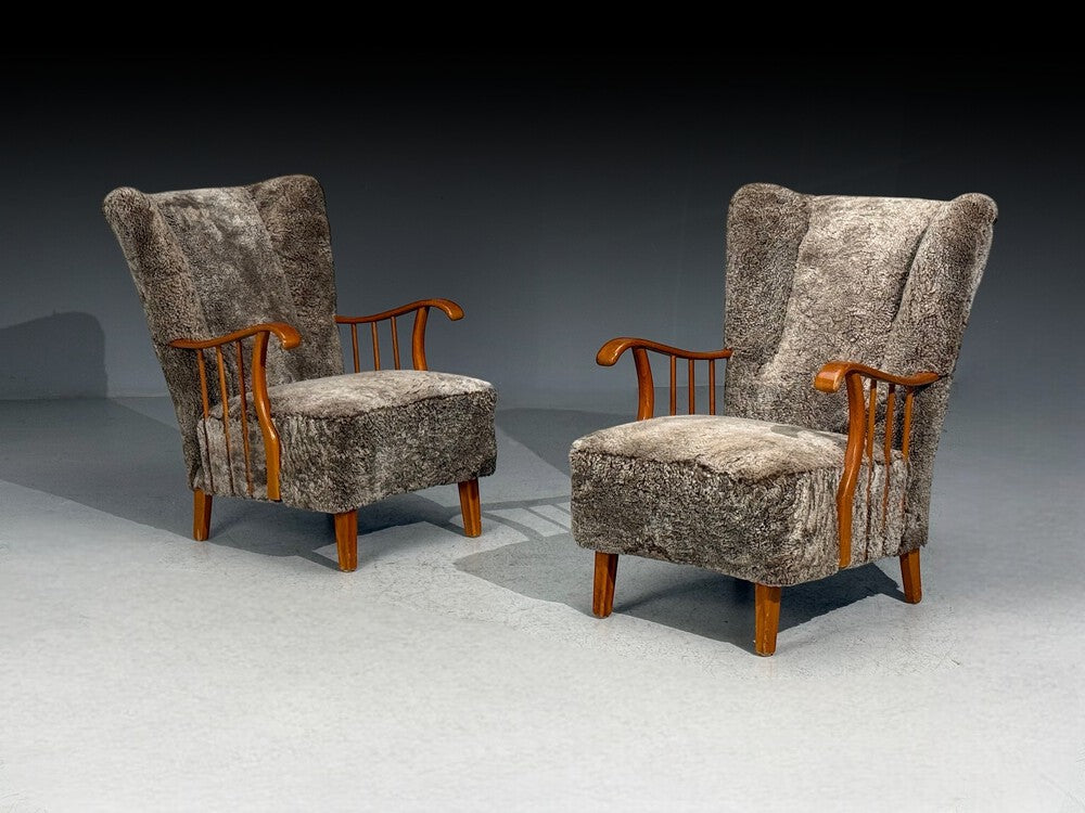 Swedish Modern, Lounge Chairs, Elm, Gray Shearling, Sweden, 1940s
