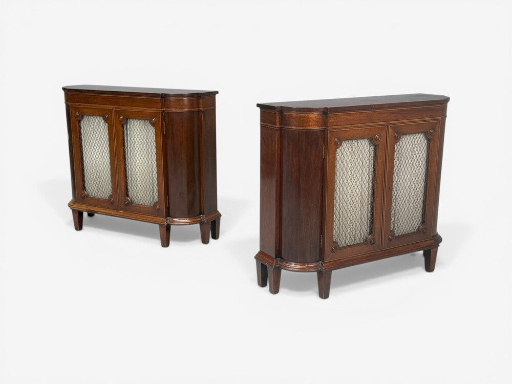 English Regency, Demilune Cabinets, Mahogany, Brass, Fabric, England, 20th c.