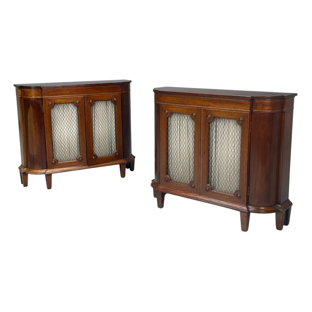 English Regency, Demilune Cabinets, Mahogany, Brass, Fabric, England, 20th c.