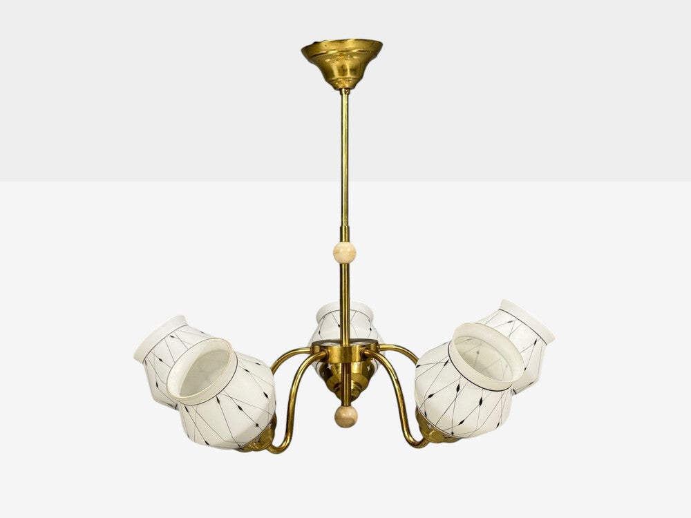 Swedish Modern, Pendant Light, Opaline Glass, Brass, Plastic, Sweden, 1930s