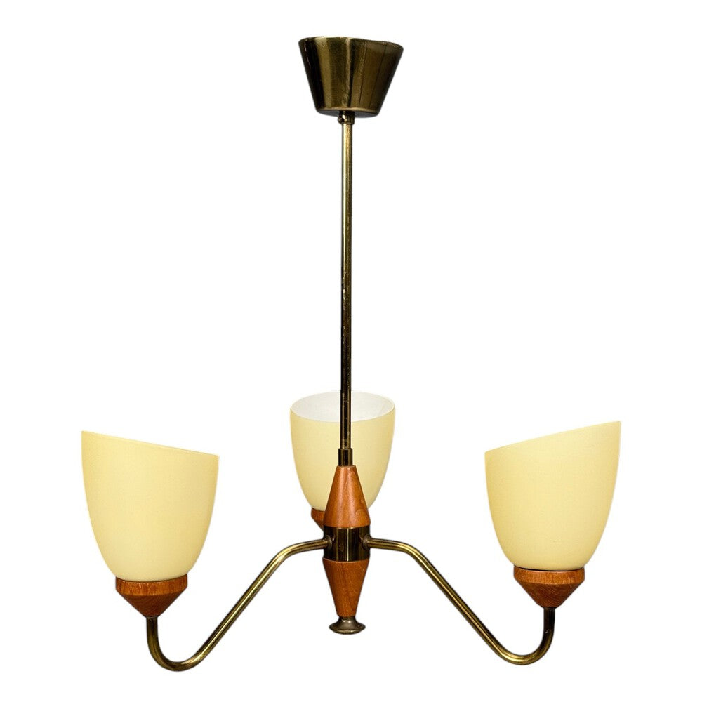 Swedish Modern, Pendant Light, Teak, Brass, Glass, Sweden, 1950s