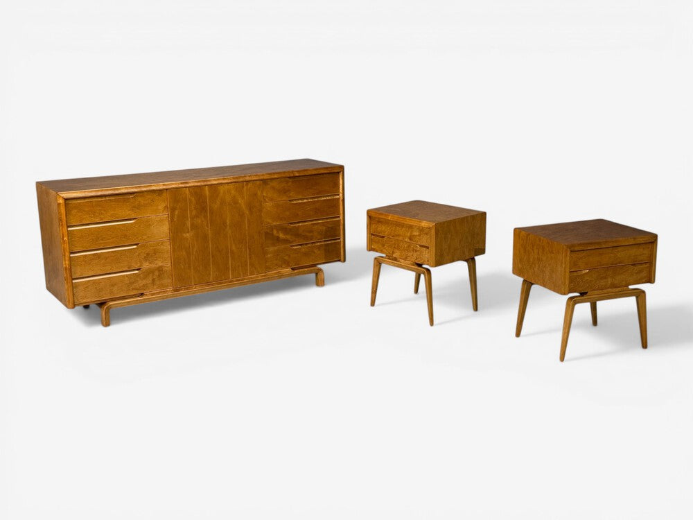 Edmond J Spence, Dresser and Nightstands, Burled Maple, Bentwood, Sweden, 1960s