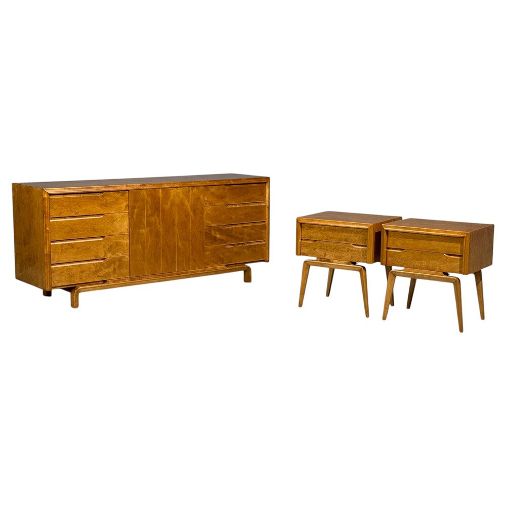 Edmond J Spence, Dresser and Nightstands, Burled Maple, Bentwood, Sweden, 1960s