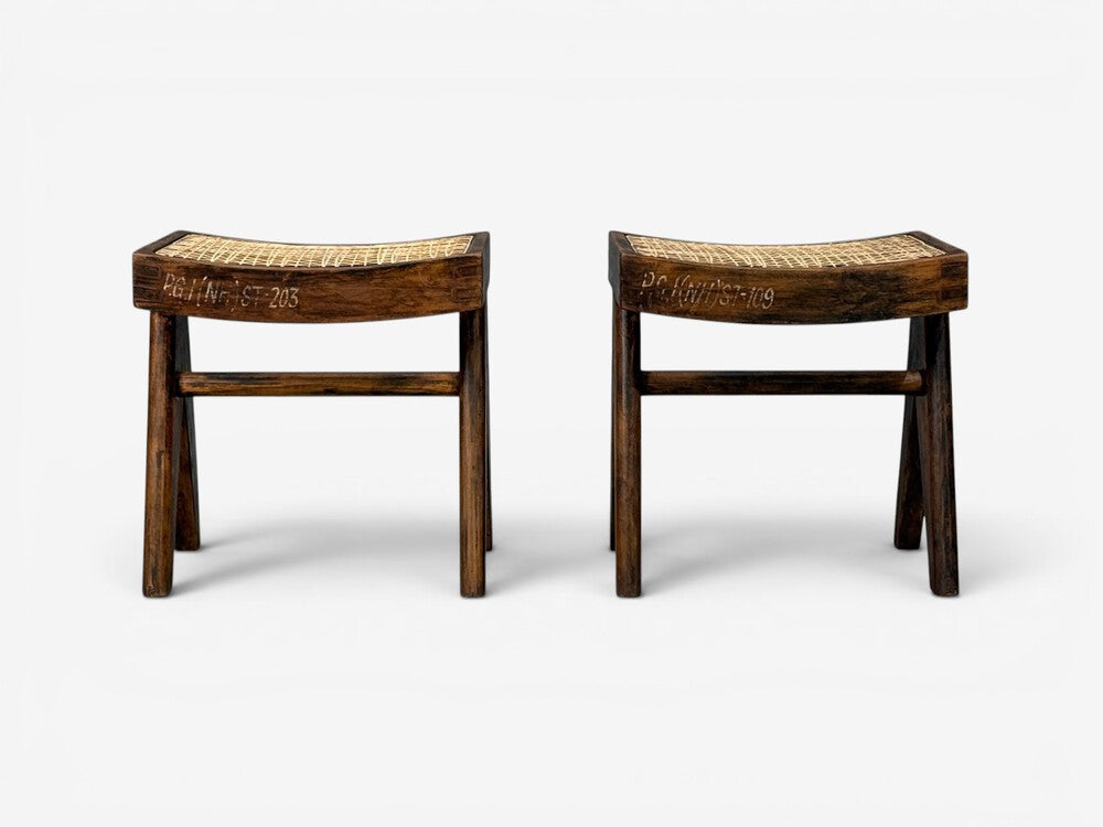 Pierre Jeanneret, Low Cane Stools, Teak, Cane, Chandigarh, India, 1960s