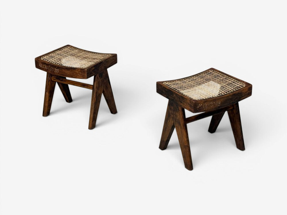 Pierre Jeanneret, Low Cane Stools, Teak, Cane, Chandigarh, India, 1960s