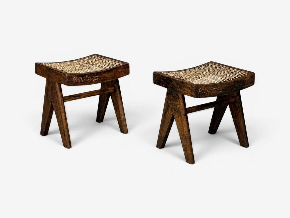 Pierre Jeanneret, Low Cane Stools, Teak, Cane, Chandigarh, India, 1960s