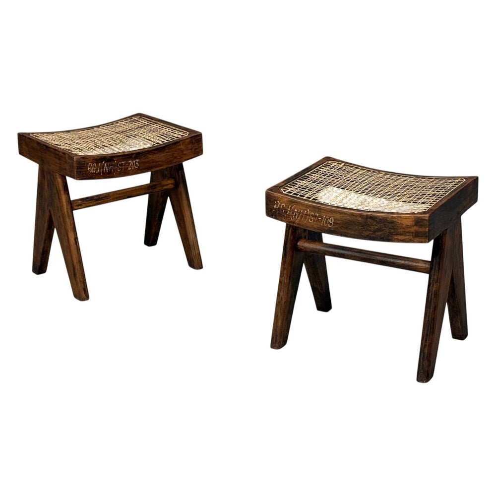 Pierre Jeanneret, Low Cane Stools, Teak, Cane, Chandigarh, India, 1960s