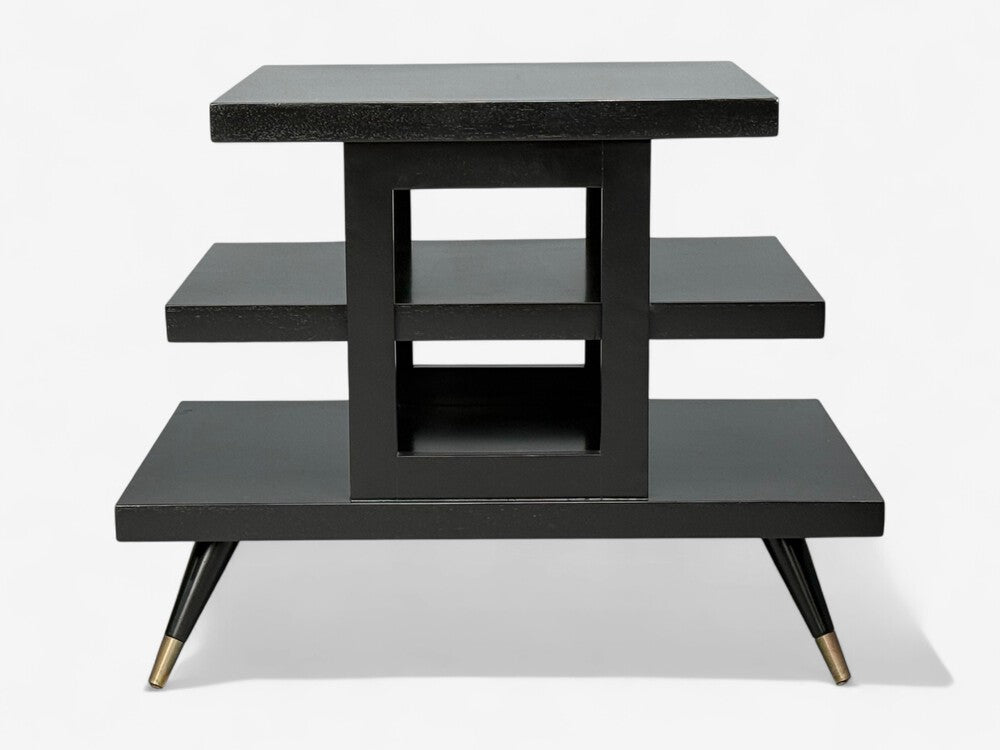 Ico Parisi Style, Ebonized Wood, Brass, Sculptural Side Table, Europe, 1950s