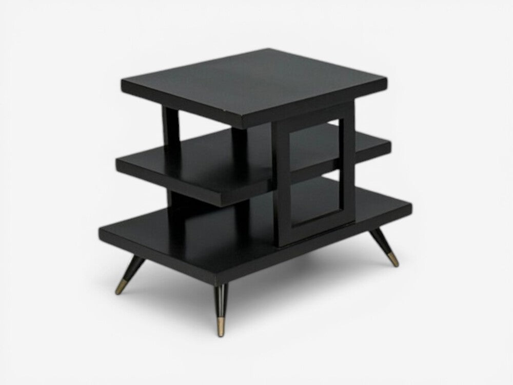 Ico Parisi Style, Ebonized Wood, Brass, Sculptural Side Table, Europe, 1950s