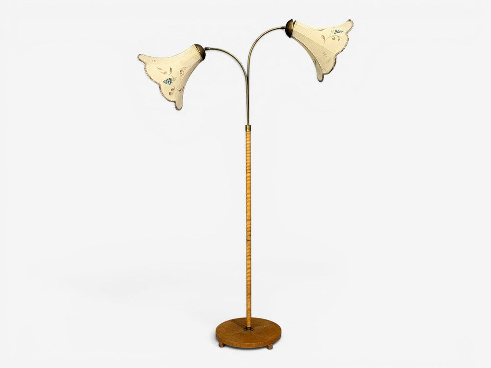 Swedish Modern, Floor Lamp, Rattan, Elm, Fabric, Sweden, 1940s
