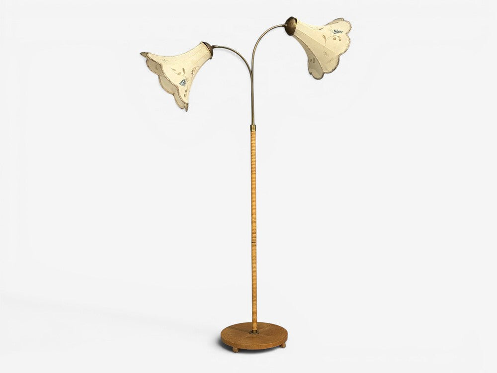Swedish Modern, Floor Lamp, Rattan, Elm, Fabric, Sweden, 1940s