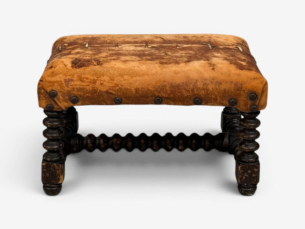 Baroque, Small Footstool, Leather, Turned Walnut, 19th c.