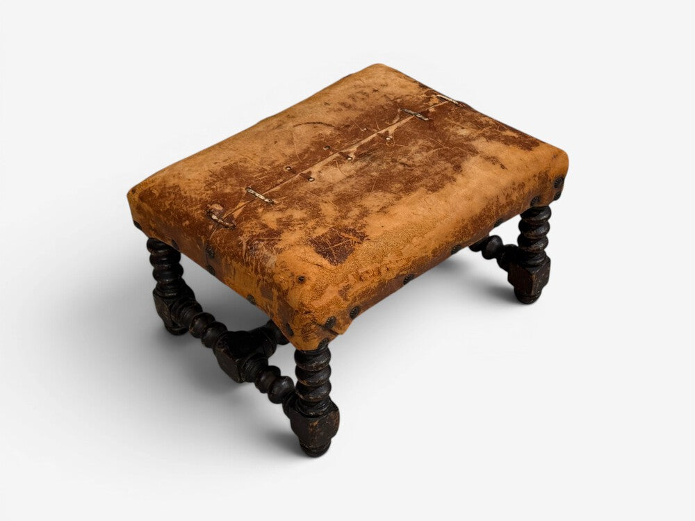 Baroque, Small Footstool, Leather, Turned Walnut, 19th c.