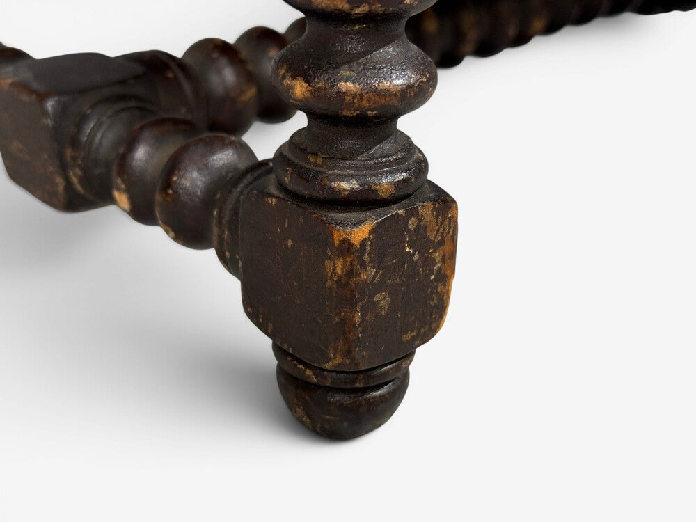Baroque, Small Footstool, Leather, Turned Walnut, 19th c.