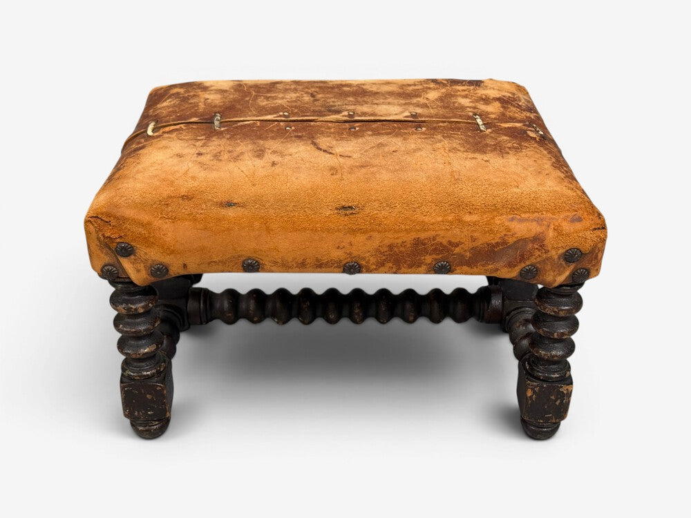 Baroque, Small Footstool, Leather, Turned Walnut, 19th c.