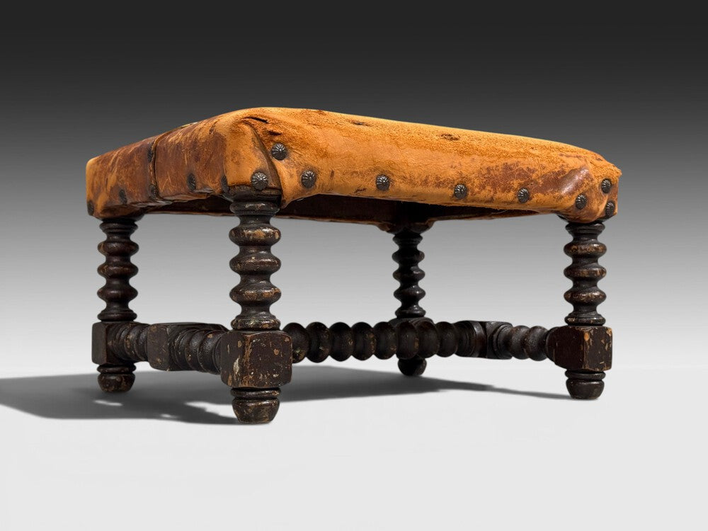 Baroque, Small Footstool, Leather, Turned Walnut, 19th c.