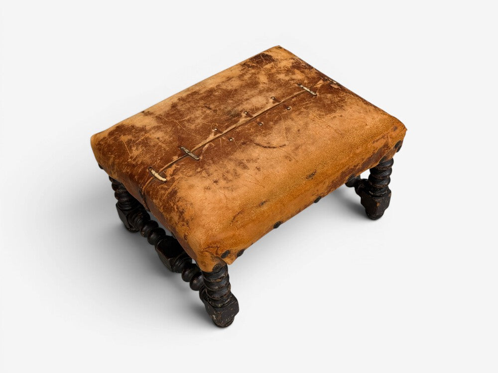 Baroque, Small Footstool, Leather, Turned Walnut, 19th c.