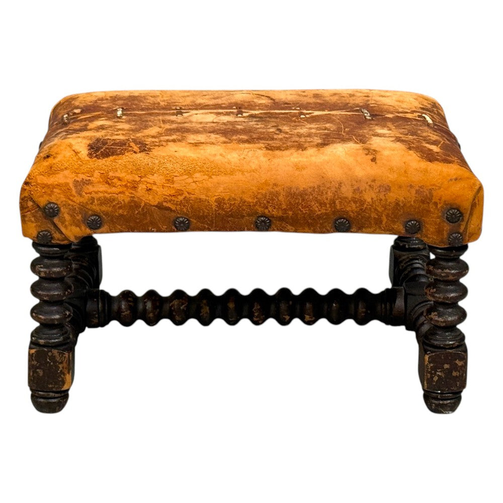 Baroque, Small Footstool, Leather, Turned Walnut, 19th c.