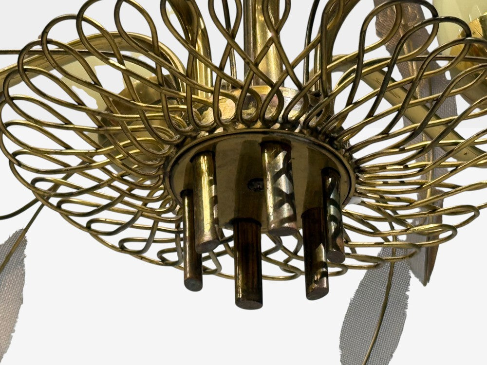 Paavo Tynell, Chandelier, Milk Glass, Brass, Finland, 1950s