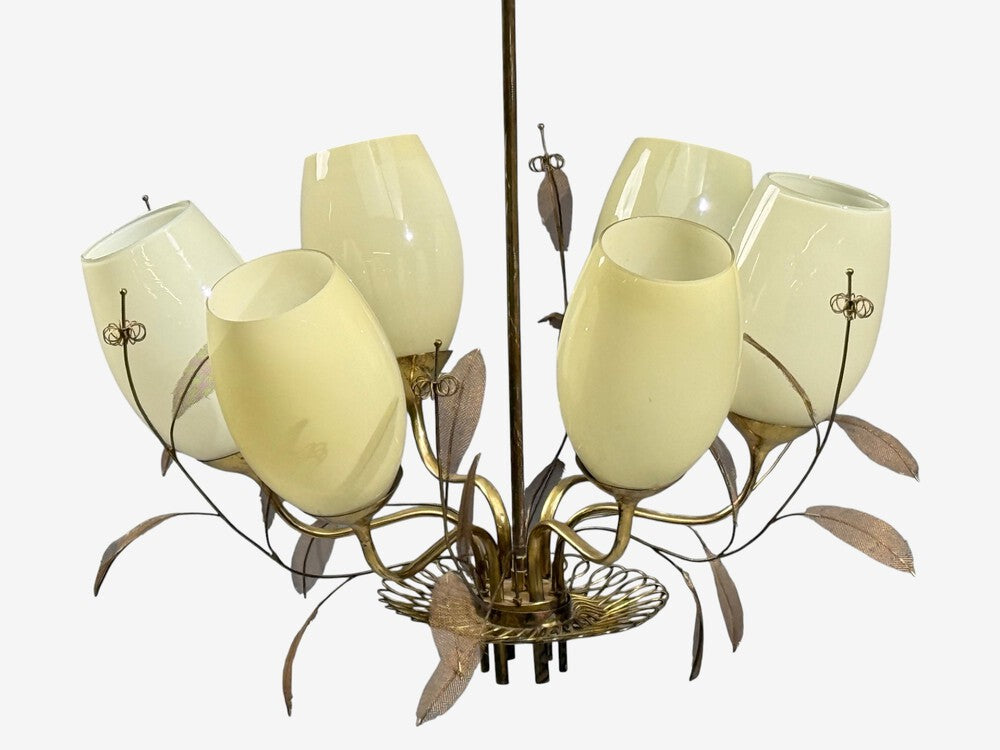 Paavo Tynell, Chandelier, Milk Glass, Brass, Finland, 1950s