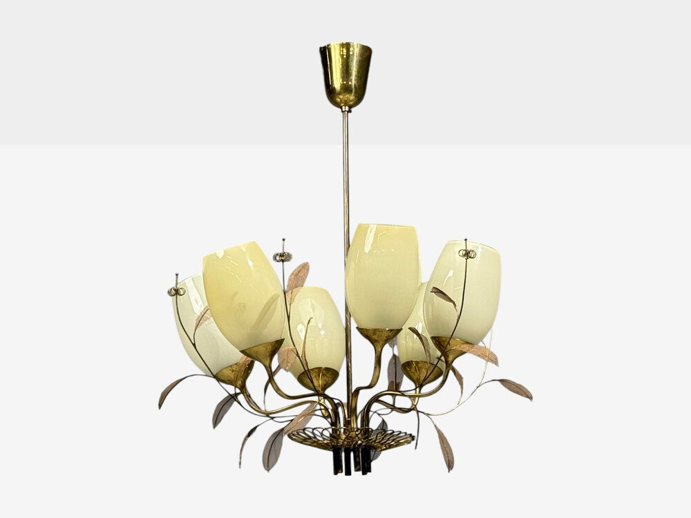 Paavo Tynell, Chandelier, Milk Glass, Brass, Finland, 1950s