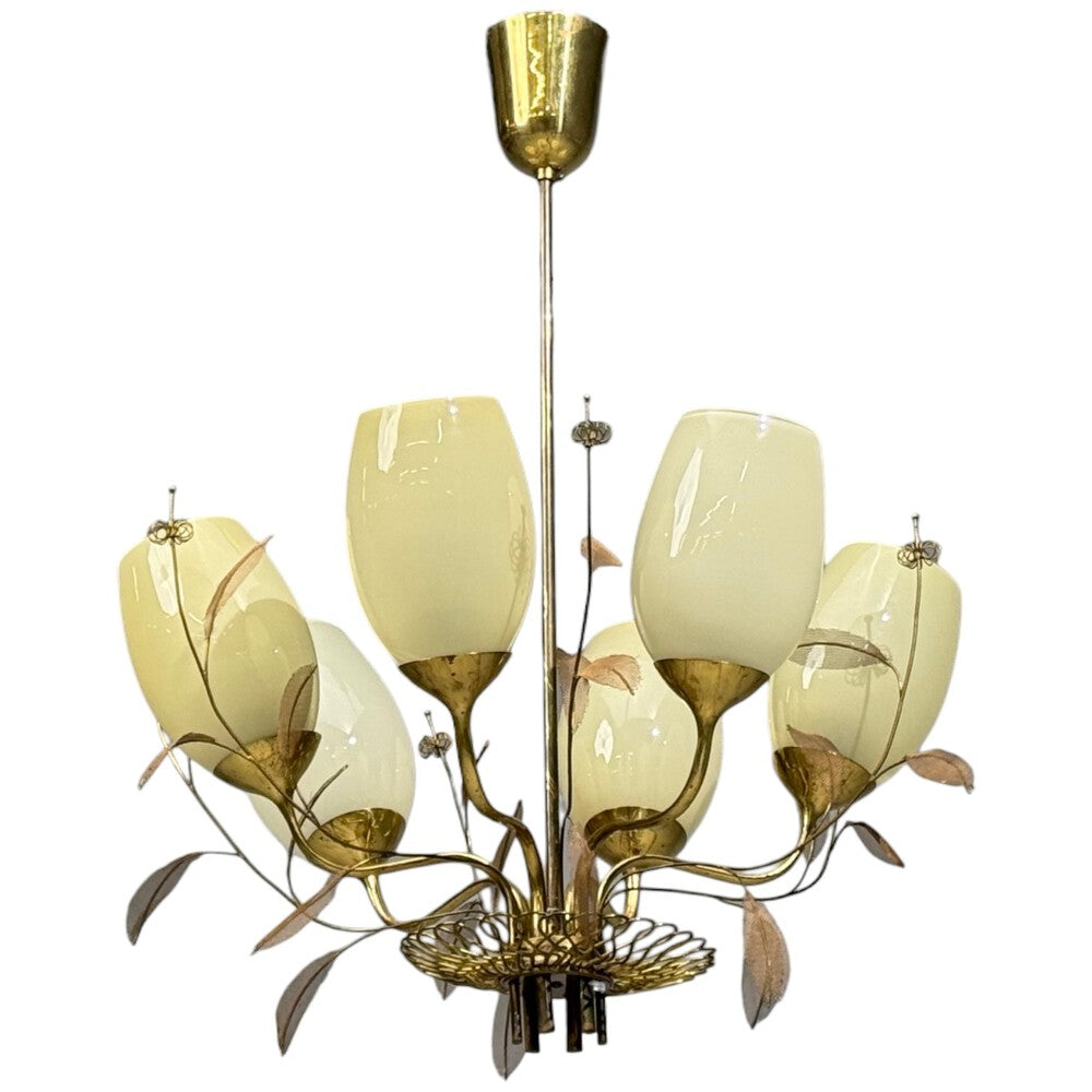 Paavo Tynell, Chandelier, Milk Glass, Brass, Finland, 1950s