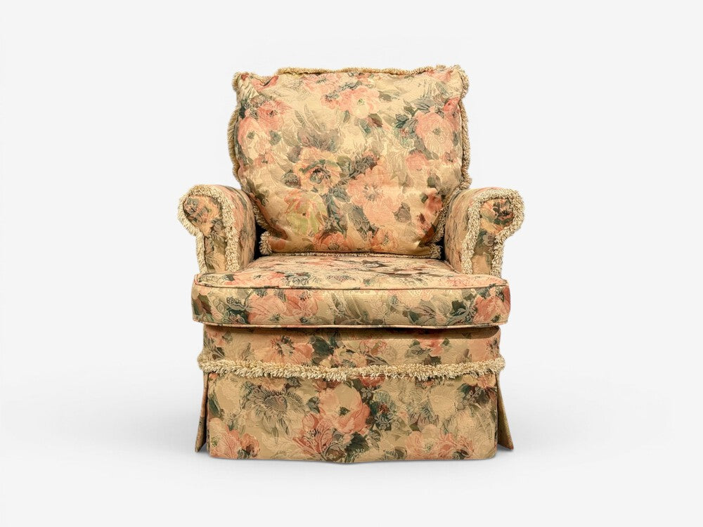 Traditional, Rolled Arm Lounge Chair, Floral Fabric, Wood, USA, 1980s