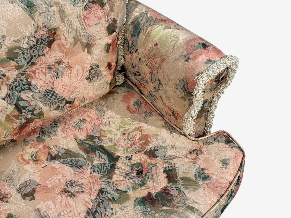 Traditional, Rolled Arm Lounge Chair, Floral Fabric, Wood, USA, 1980s