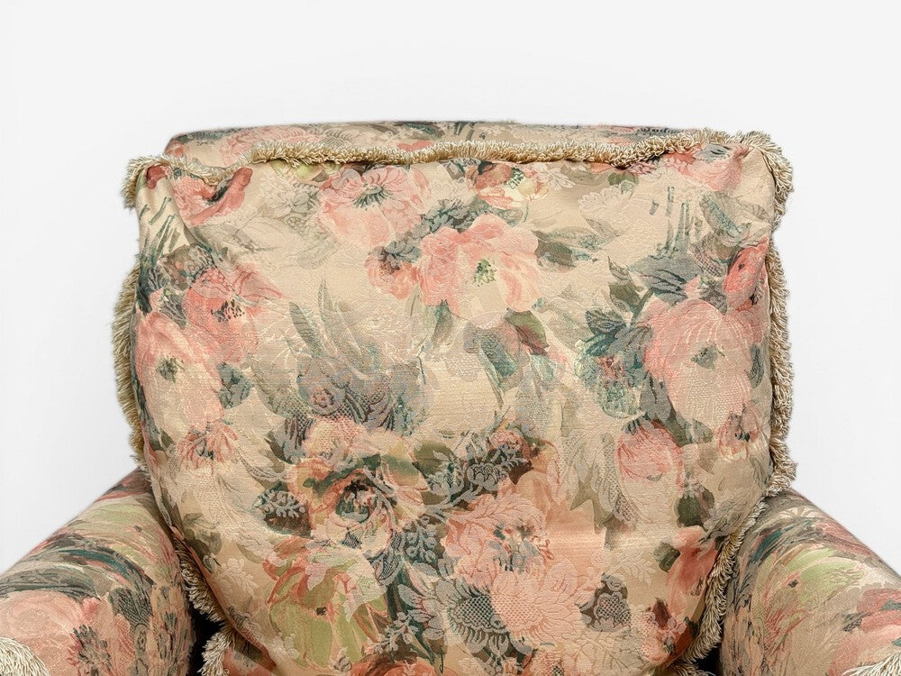 Traditional, Rolled Arm Lounge Chair, Floral Fabric, Wood, USA, 1980s