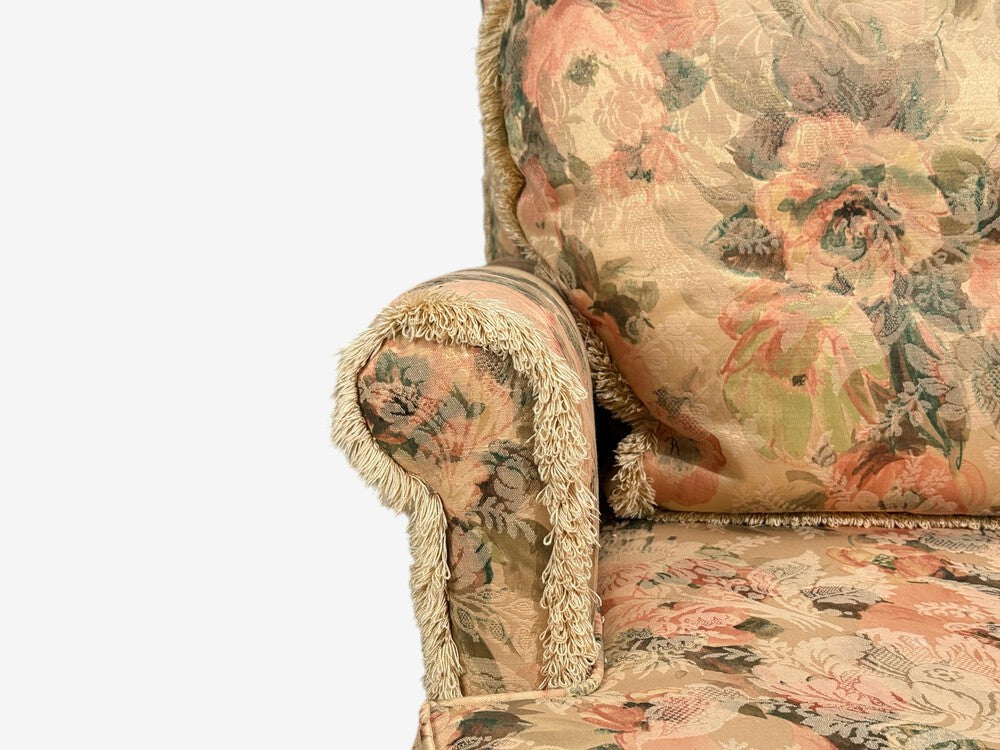 Traditional, Rolled Arm Lounge Chair, Floral Fabric, Wood, USA, 1980s