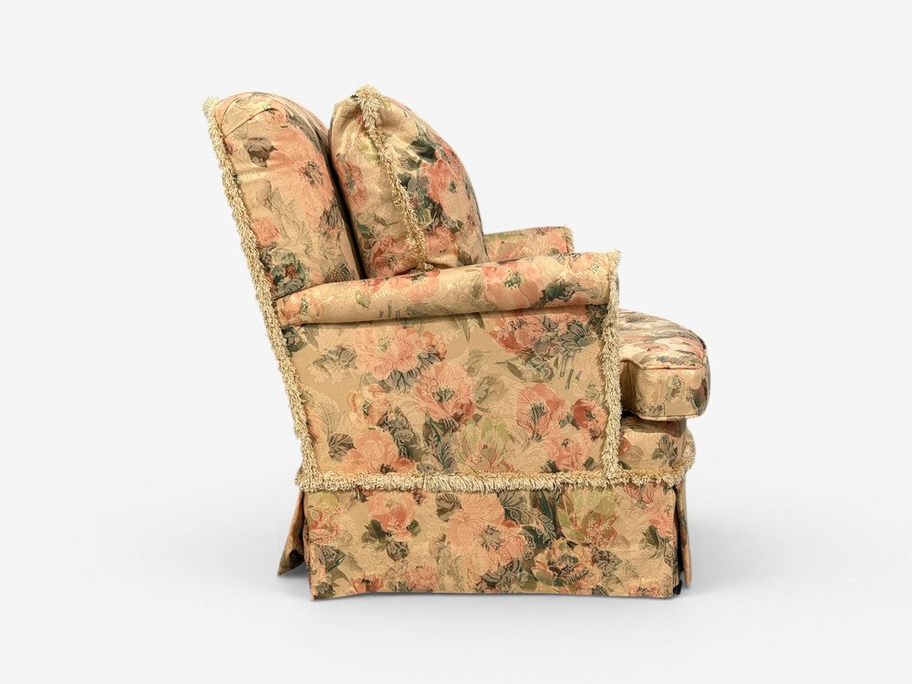 Traditional, Rolled Arm Lounge Chair, Floral Fabric, Wood, USA, 1980s