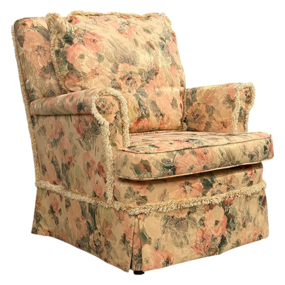 Traditional, Rolled Arm Lounge Chair, Floral Fabric, Wood, USA, 1980s