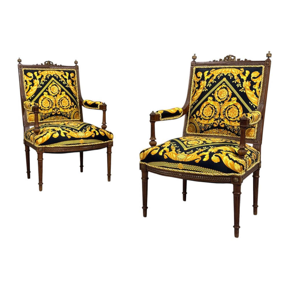 Gianni Versace Fabric Louis XVI Style Armchairs, Walnut, France, 20th c.
