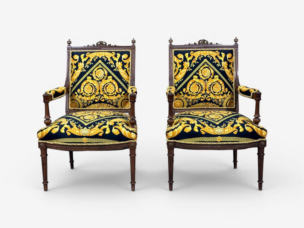Gianni Versace Fabric Louis XVI Style Armchairs, Walnut, France, 20th c.