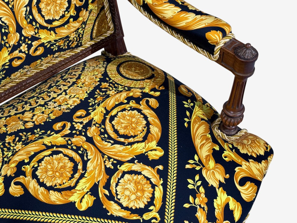 Gianni Versace Fabric Louis XVI Style Armchairs, Walnut, France, 20th c.