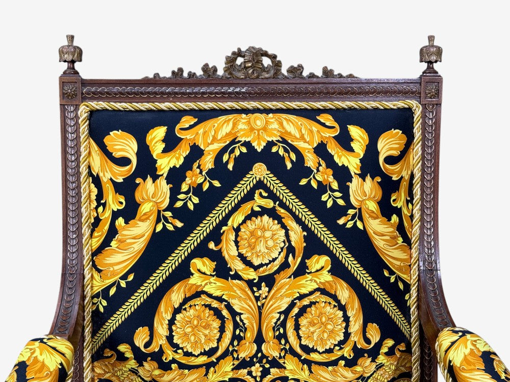 Gianni Versace Fabric Louis XVI Style Armchairs, Walnut, France, 20th c.