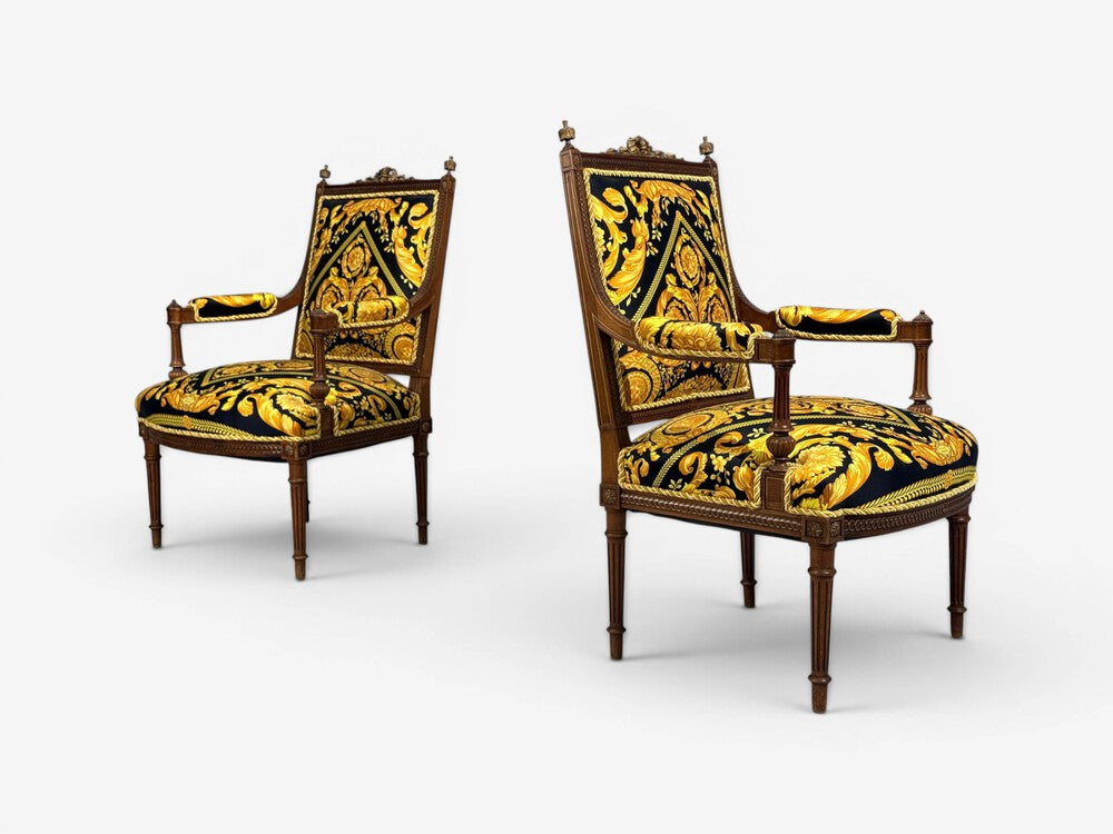 Gianni Versace Fabric Louis XVI Style Armchairs, Walnut, France, 20th c.