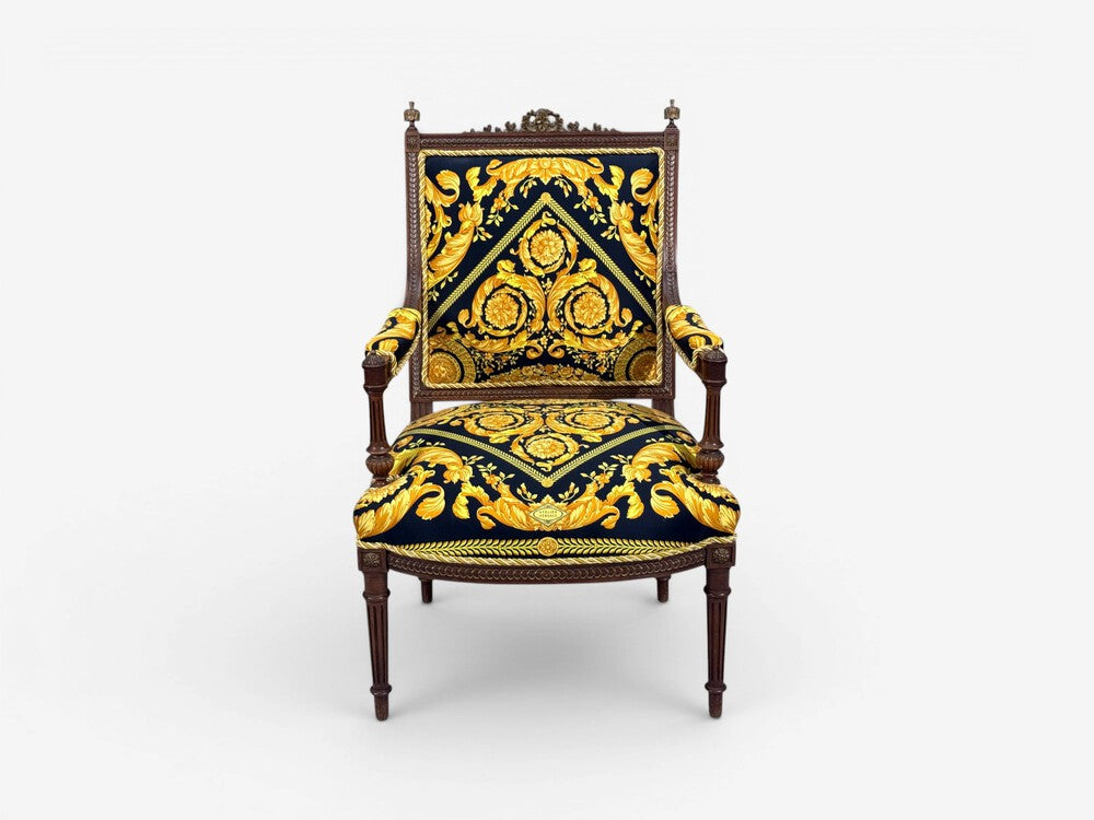 Gianni Versace Fabric Louis XVI Style Armchairs, Walnut, France, 20th c.