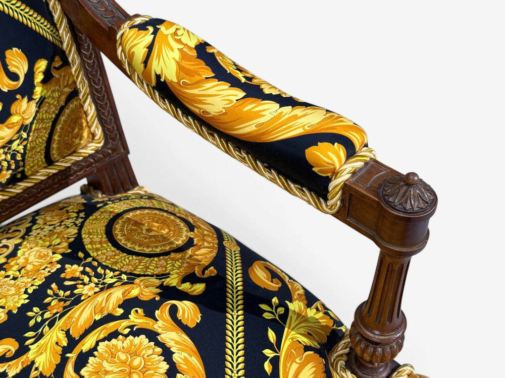 Gianni Versace Fabric Louis XVI Style Armchairs, Walnut, France, 20th c.