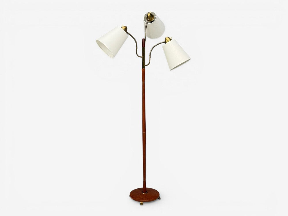 Swedish Modern, Adjustable Floor Lamp, Teak, Brass, Fabric, Sweden, 1970s