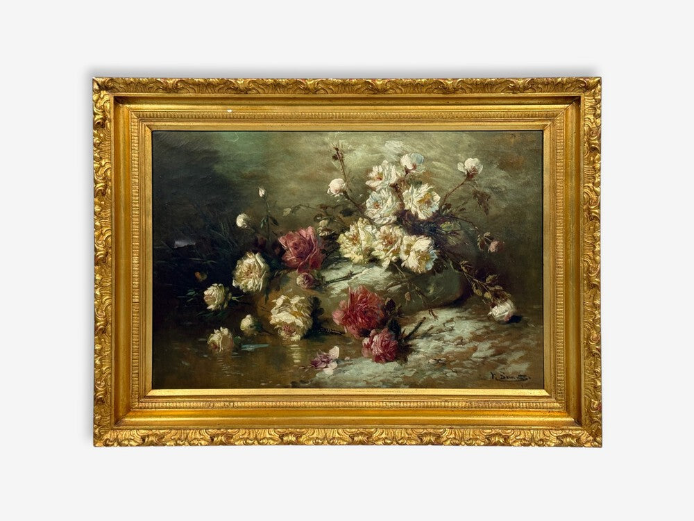 Floral Still Life, Oil on Canvas, A Fallen Vase with Flowers, American, 1920s
