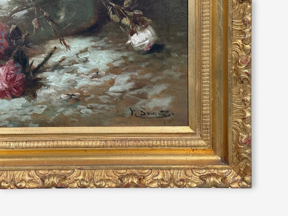 Floral Still Life, Oil on Canvas, A Fallen Vase with Flowers, American, 1920s