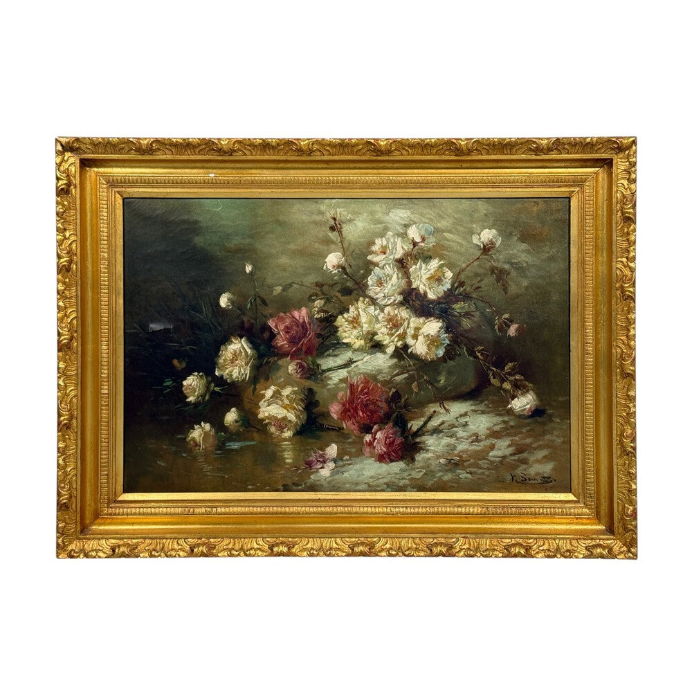 Floral Still Life, Oil on Canvas, A Fallen Vase with Flowers, American, 1920s