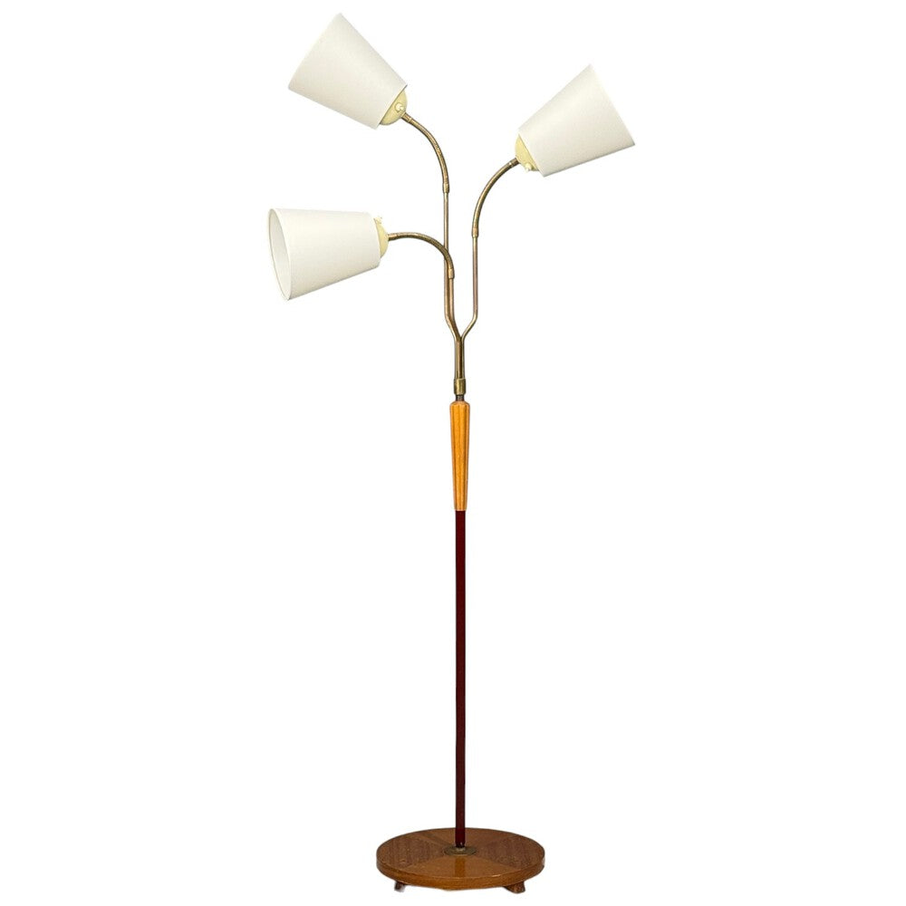 Swedish Modern, Adjustable Floor Lamp, Wood, Brass, Red Lacquer, Sweden, 1940s