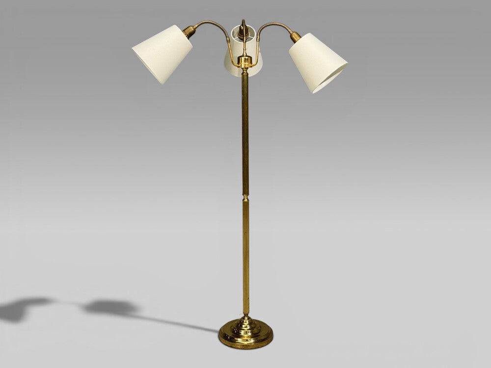 Swedish Modern, Three Light Floor Lamp, Reeded Brass, Fabric, Sweden, 1970s