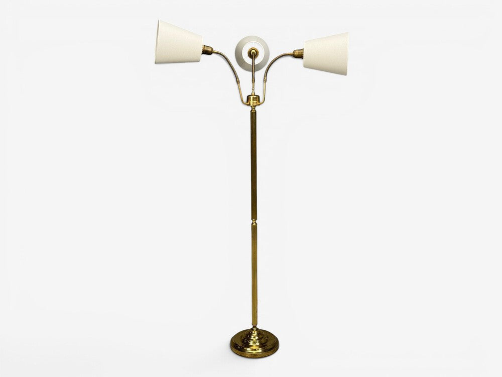 Swedish Modern, Three Light Floor Lamp, Reeded Brass, Fabric, Sweden, 1970s