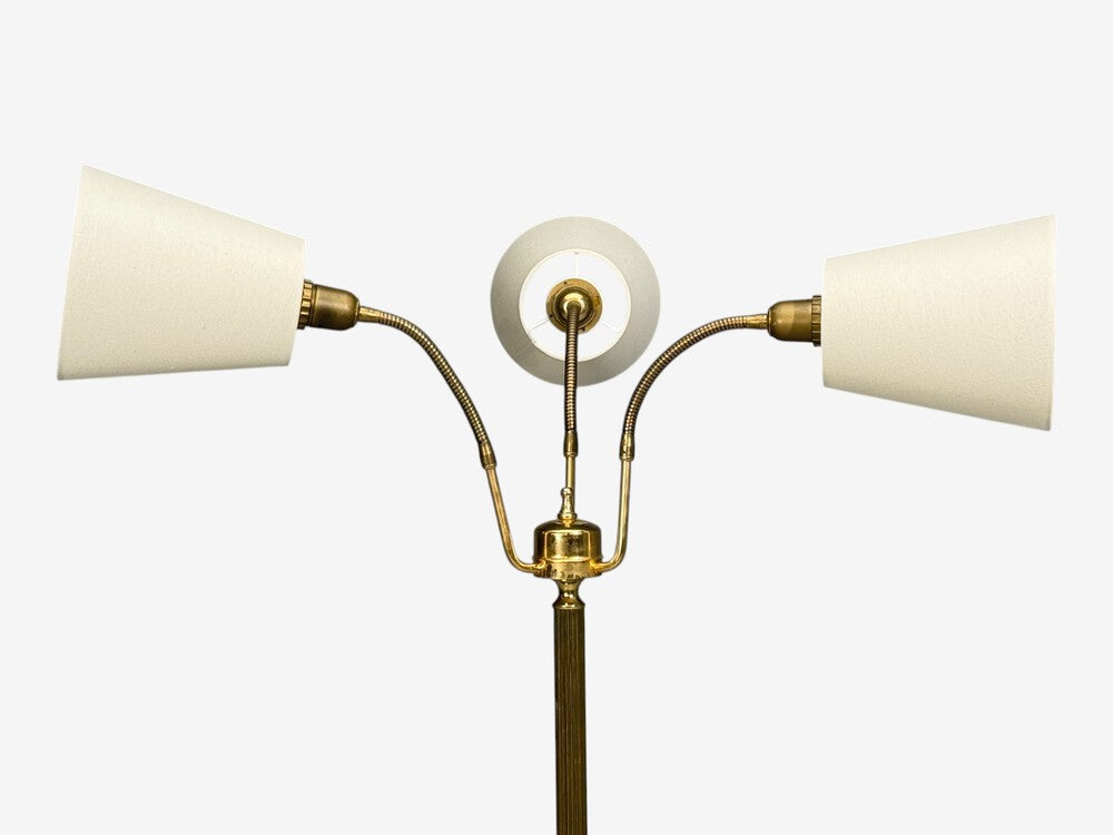 Swedish Modern, Three Light Floor Lamp, Reeded Brass, Fabric, Sweden, 1970s